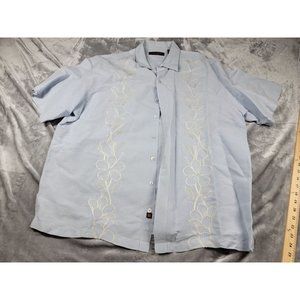 Tori Richards Hawaiian Embroidered Floral Button‎ Up Blue Shirt 2xl Linen cotton
